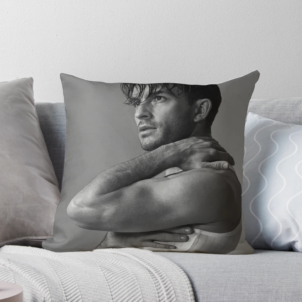 Stylish Jonathan Bailey-inspired pillow design featuring portrait and quotes