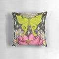 Stunning lunar moth art pillow featuring a detailed crystal-like moth design on a dark background.