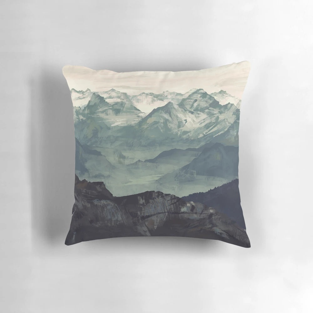 Serene mountain fog landscape photography printed on a plush pillow