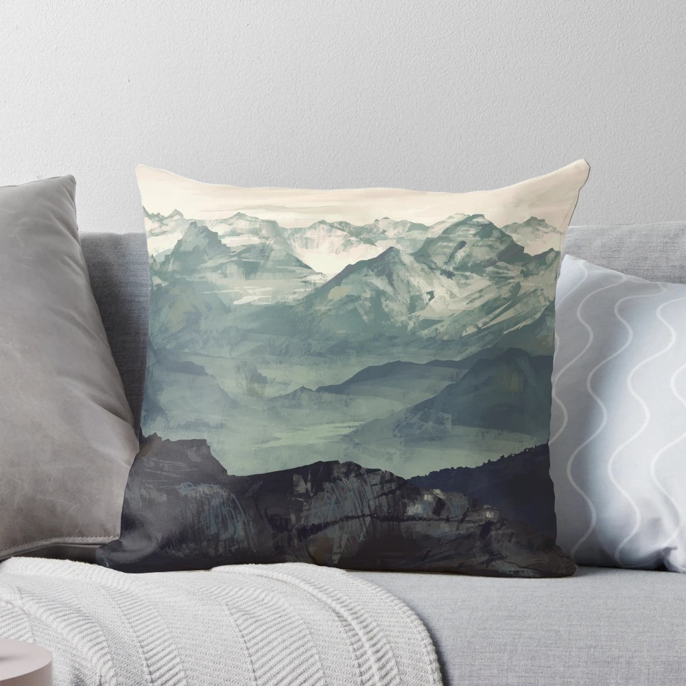Serene mountain fog landscape photography printed on a plush pillow