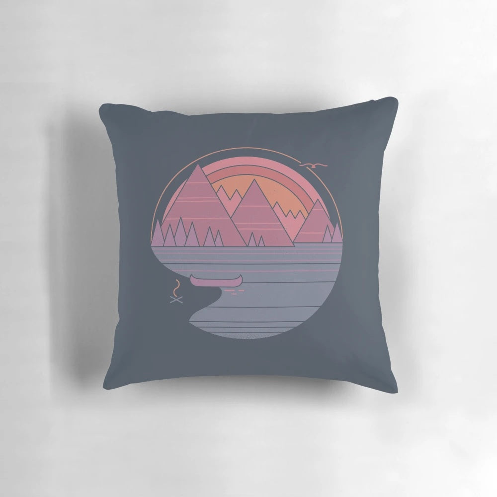 Cozy mountain landscape pillow with a vintage, minimalist design featuring a scenic lake and mountain view.