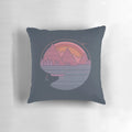 Cozy mountain landscape pillow with a vintage, minimalist design featuring a scenic lake and mountain view.