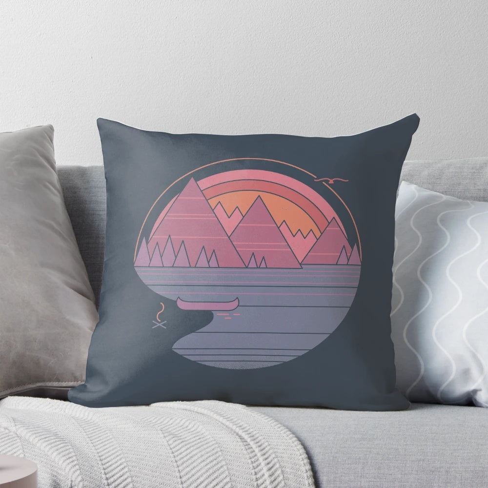 Cozy mountain landscape pillow with a vintage, minimalist design featuring a scenic lake and mountain view.