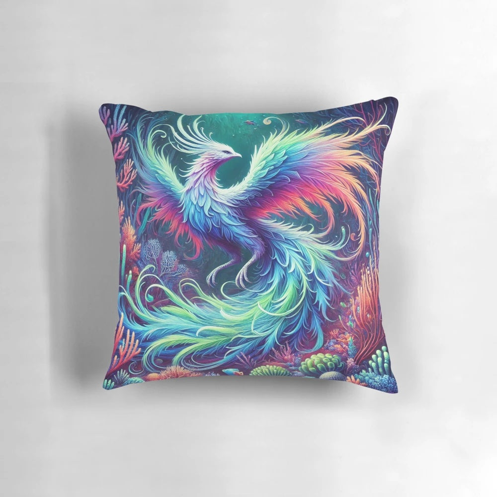 Vibrant phoenix fantasy art design on a cozy pillow