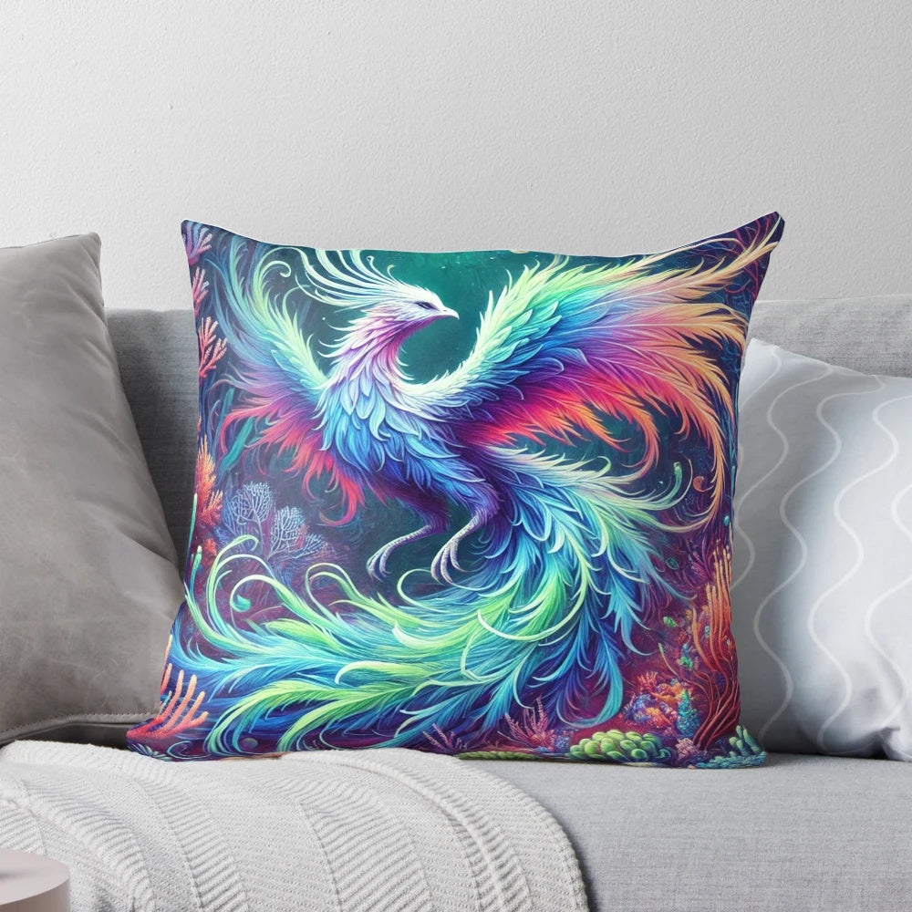 Vibrant phoenix fantasy art design on a cozy pillow