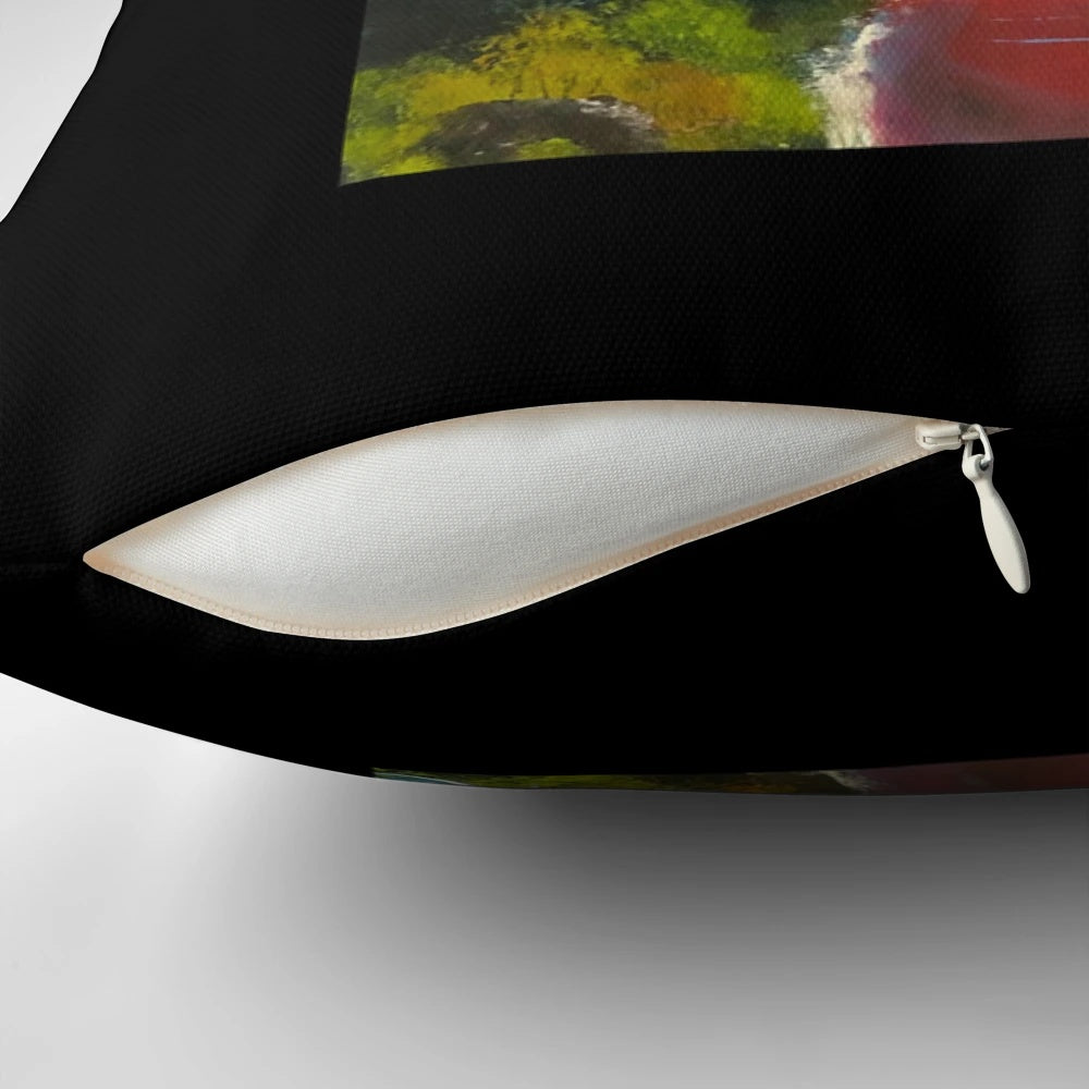 Sunset Serenity Pillow featuring a hand-painted landscape with mountains, water, and a serene river scene