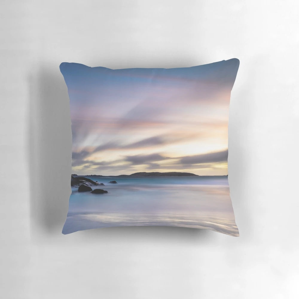 Twilight beach sunset pillow with serene coastal landscape photography