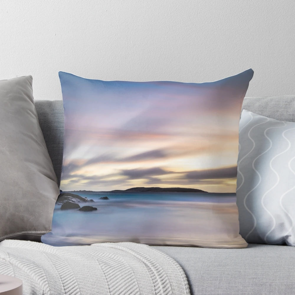 Twilight beach sunset pillow with serene coastal landscape photography