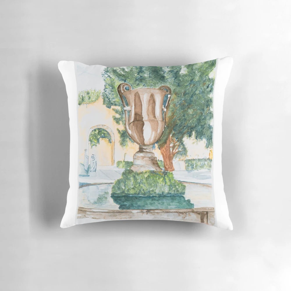 Vibrant watercolor painting of a historic villa, water fountain, and lush landscape in Rome, Italy.