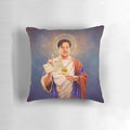 Vibrant religious pop art pillow featuring Brendan Fraser as Saint Brendan