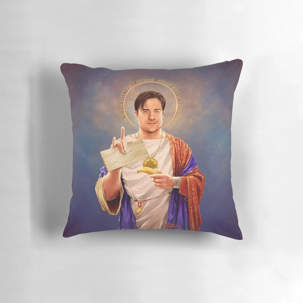 Vibrant religious pop art pillow featuring Brendan Fraser as Saint Brendan