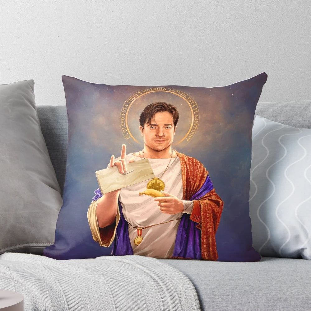 Vibrant religious pop art pillow featuring Brendan Fraser as Saint Brendan