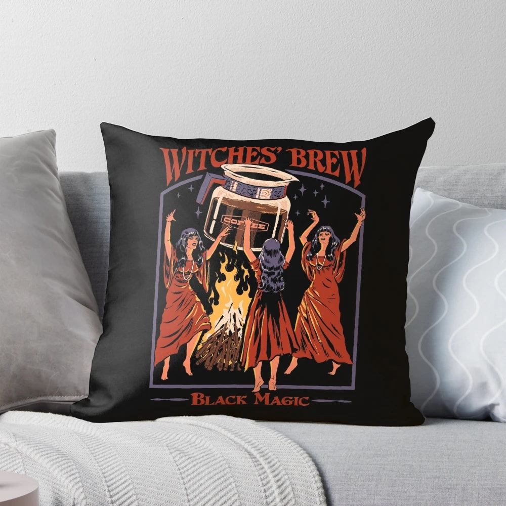 Witches' Brew Pillow, featuring a retro witch design with cauldron and magical elements