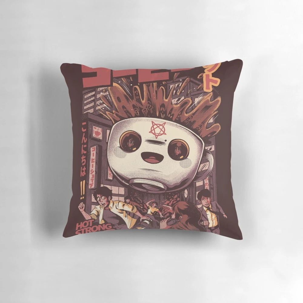 Black magic coffee-themed decorative pillow with Japanese and anime-inspired design