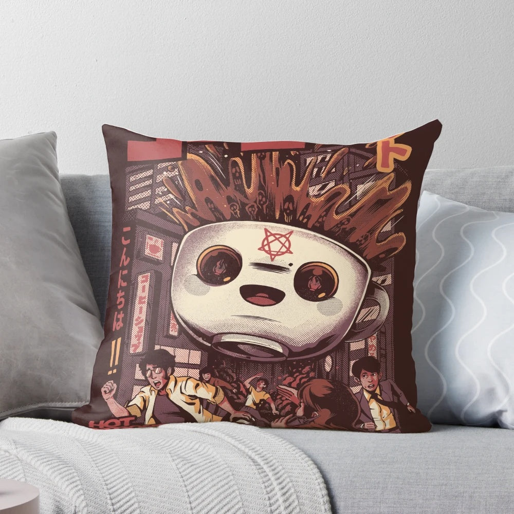 Black magic coffee-themed decorative pillow with Japanese and anime-inspired design
