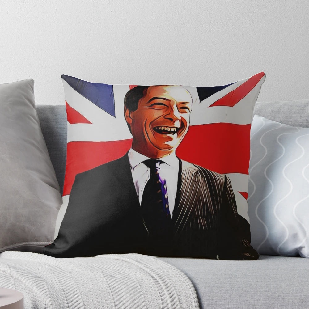 Nigel Farage Brexit-themed decorative throw pillow