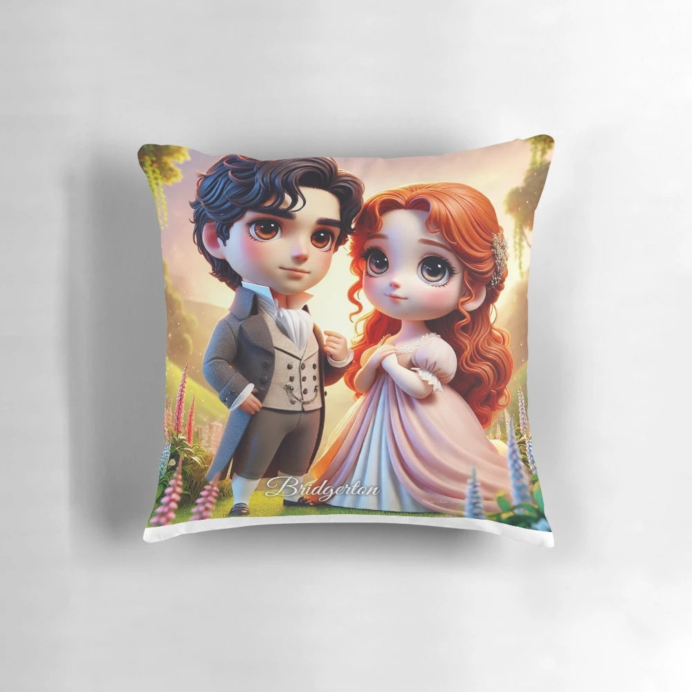 Bridgerton 3D chibi art pillow featuring a romantic moment between characters Colin Bridgerton and Penelope Featherington.