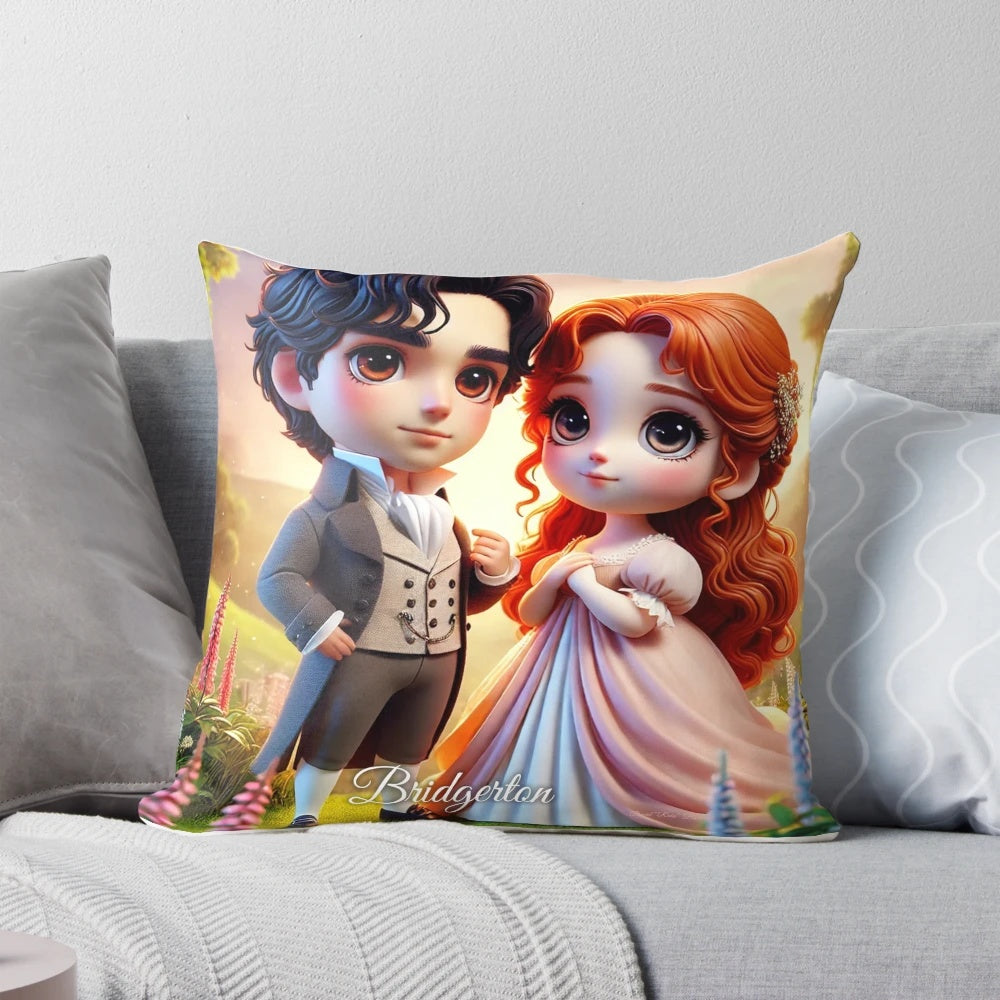 Bridgerton 3D chibi art pillow featuring a romantic moment between characters Colin Bridgerton and Penelope Featherington.