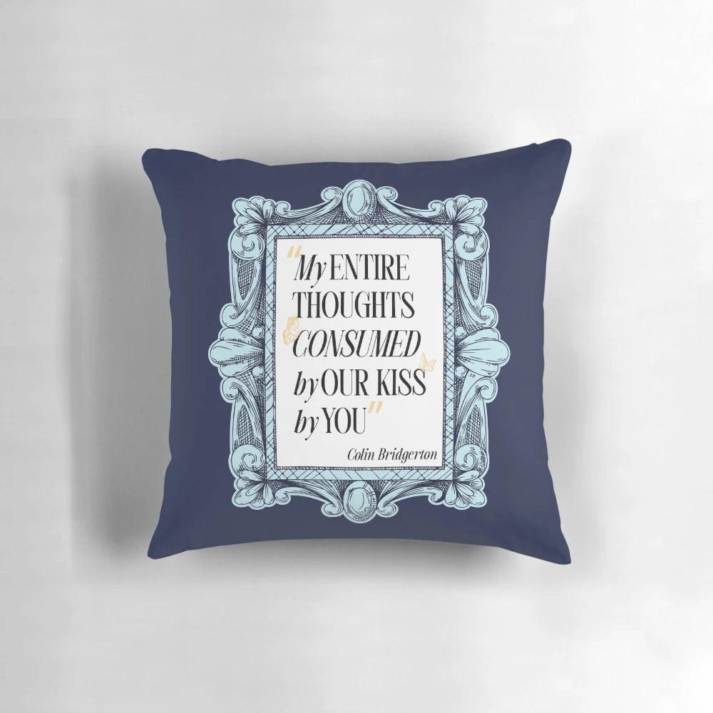 Bridgerton-inspired "My Entire Thoughts" vintage blue pillow with butterflies