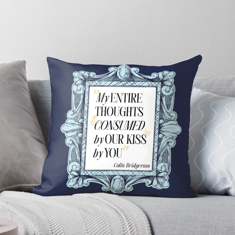 Bridgerton-inspired "My Entire Thoughts" vintage blue pillow with butterflies