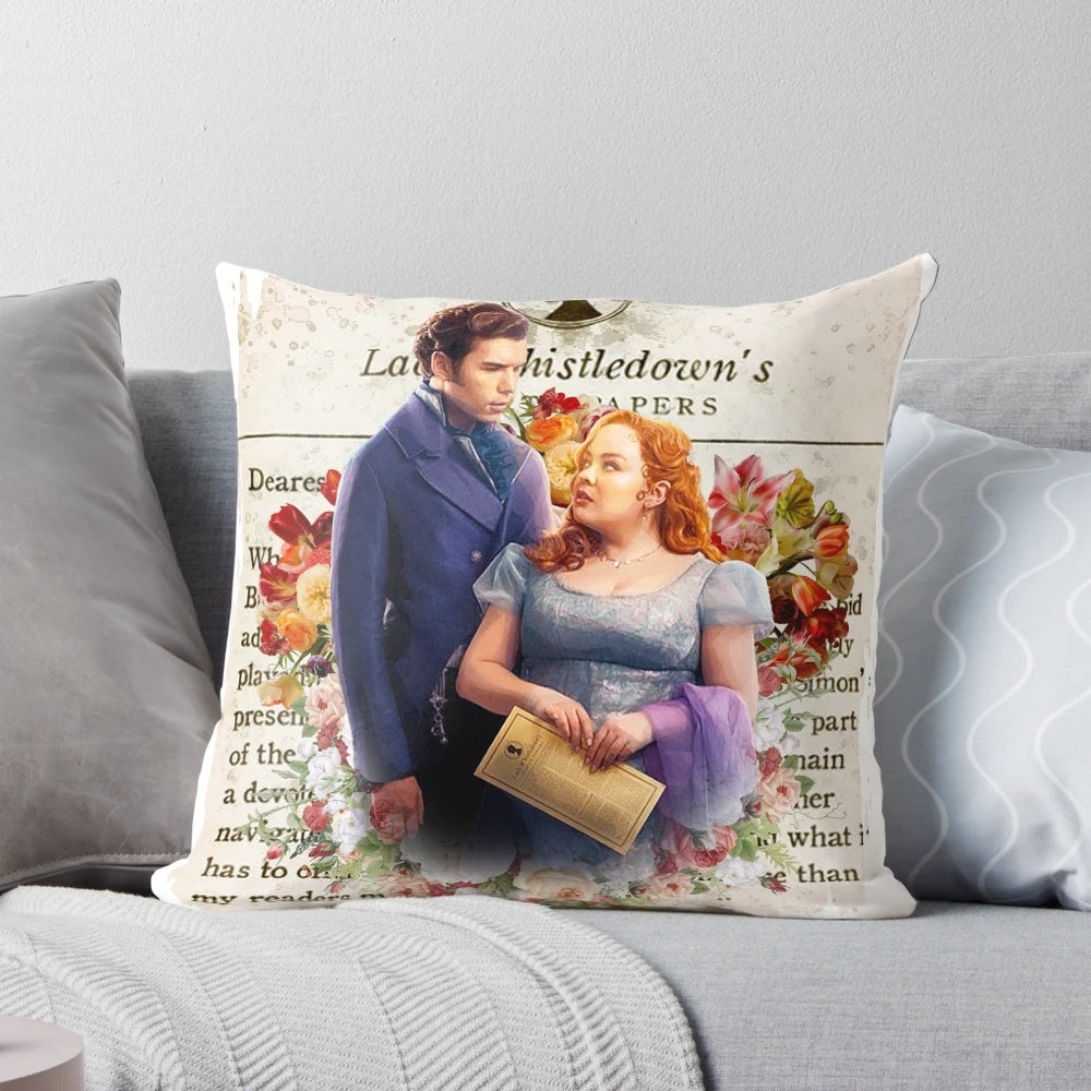 Bridgerton-inspired pillow with Penelope Featherington and Colin Bridgerton designs