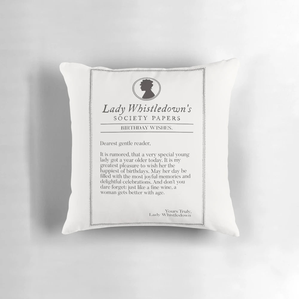 Bridgerton-themed pillow featuring the iconic Lady Whistledown character