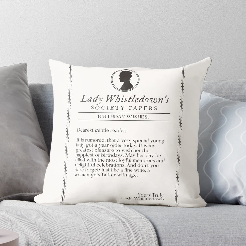Bridgerton-themed pillow featuring the iconic Lady Whistledown character