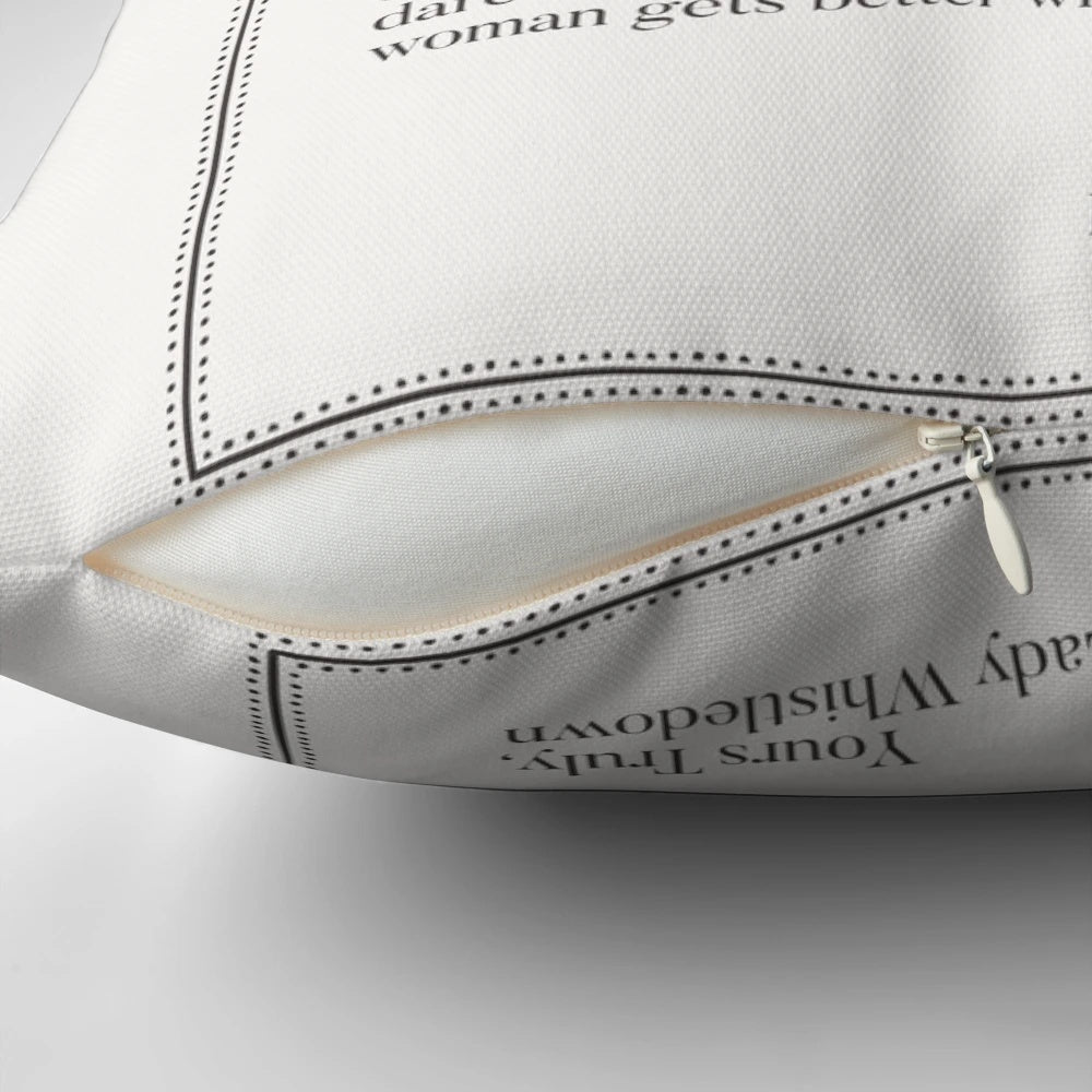 Bridgerton-themed pillow featuring the iconic Lady Whistledown character