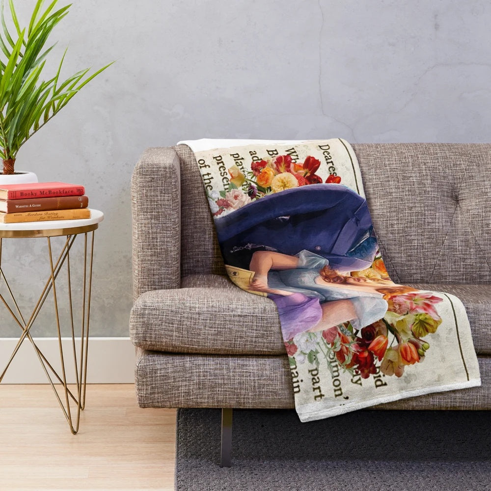 Bridgerton-inspired plush blanket featuring characters Colin Bridgerton and Penelope Featherington
