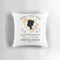 Bridgerton-inspired decorative throw pillow featuring Lady Whistledown's Society Papers design
