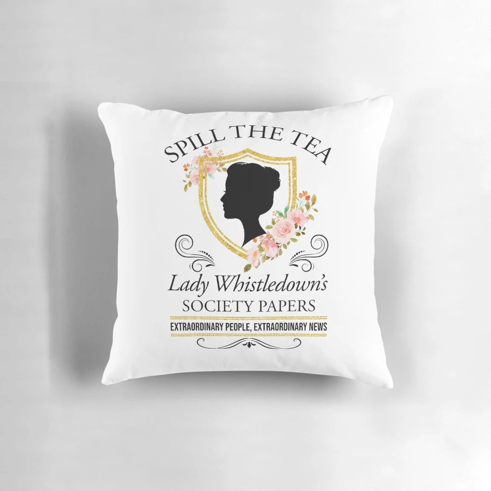 Bridgerton-inspired decorative throw pillow featuring Lady Whistledown's Society Papers design
