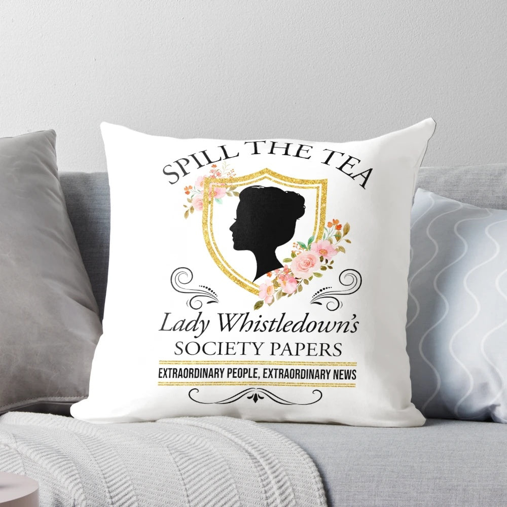 Bridgerton-inspired decorative throw pillow featuring Lady Whistledown's Society Papers design
