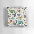 Vibrant dinosaur-themed pillow with various prehistoric plant-eating dinosaurs in blue, green, yellow, pink, and red colors