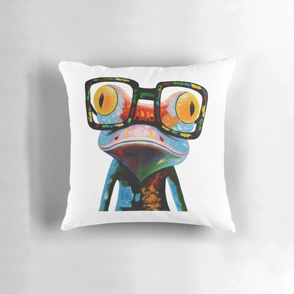 Colorful pillow featuring a whimsical hipster frog wearing nerd glasses, sitting on a tree branch.