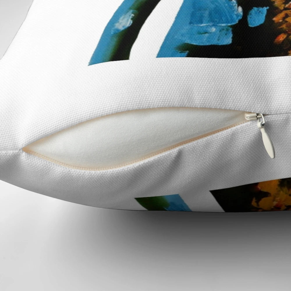 Colorful pillow featuring a whimsical hipster frog wearing nerd glasses, sitting on a tree branch.