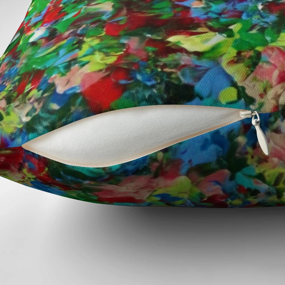 Vibrant and abstract pillow featuring a nature-inspired wildflower field landscape design.