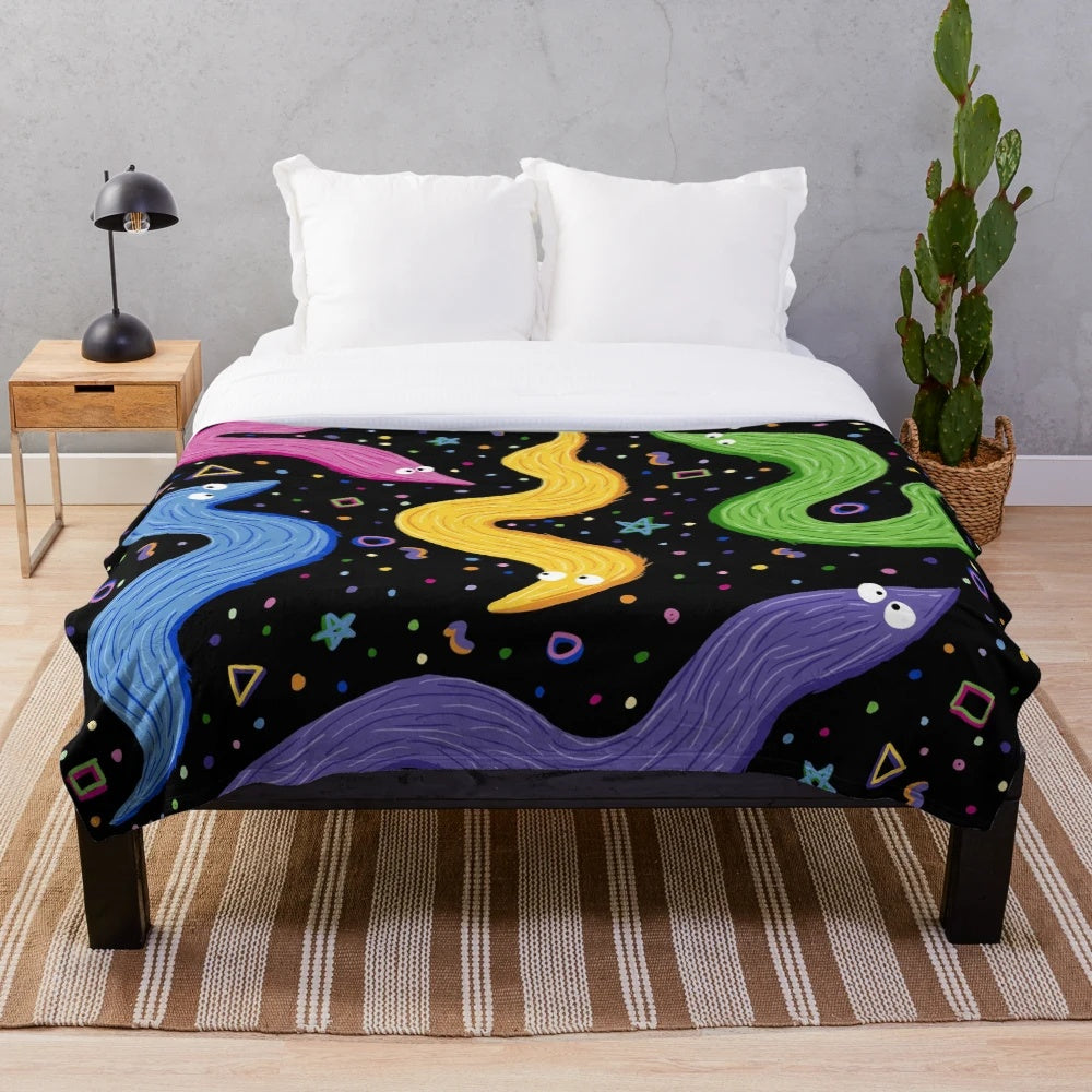 Colorful bowling alley carpet pattern plush blanket with worm on a string design