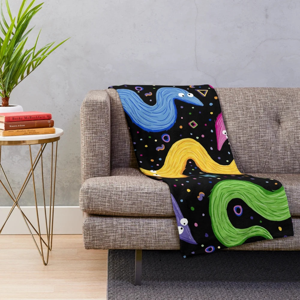 Colorful bowling alley carpet pattern plush blanket with worm on a string design