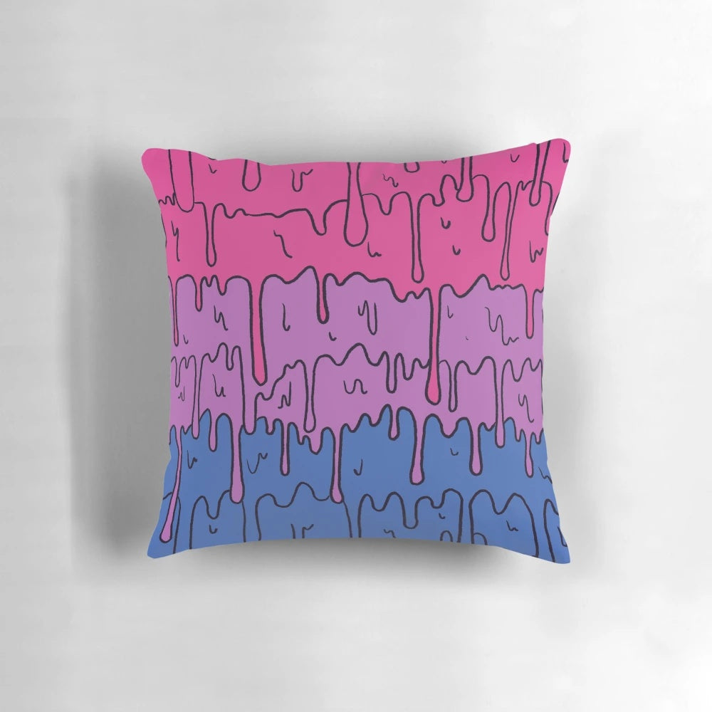 A colorful, pastel-colored melting bisexual pride pillow with a kawaii design.