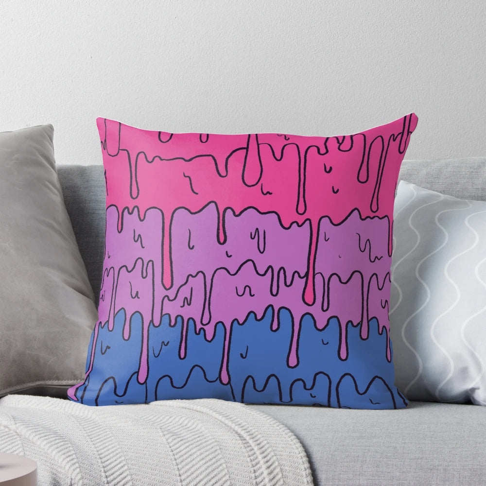 A colorful, pastel-colored melting bisexual pride pillow with a kawaii design.