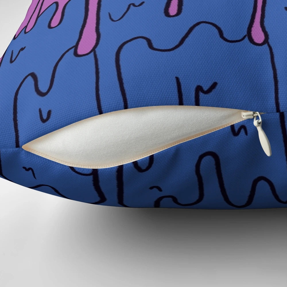 A colorful, pastel-colored melting bisexual pride pillow with a kawaii design.