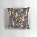 Vibrant pillow with a whimsical raccoon design in a floral and leaf pattern