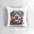Vibrant watercolor painting of a Rottweiler on a throw pillow