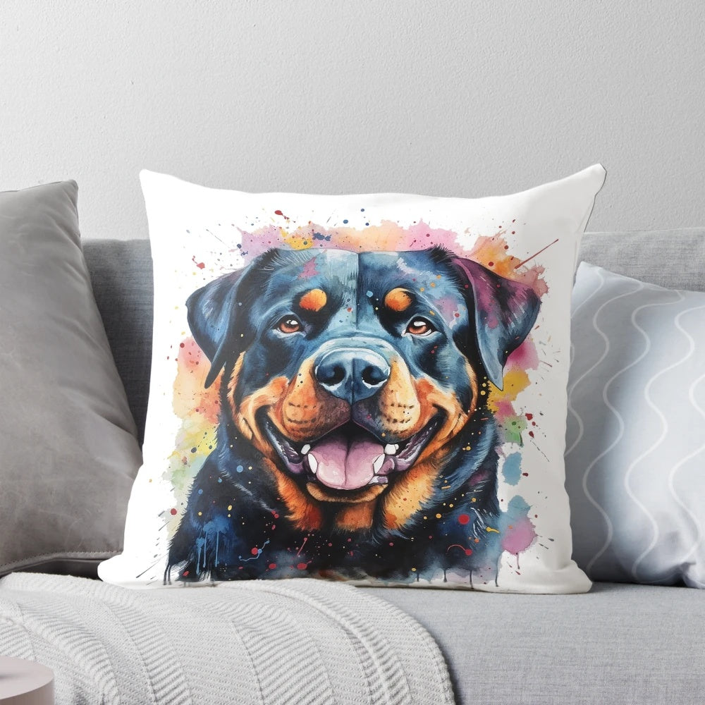 Vibrant watercolor painting of a Rottweiler on a throw pillow