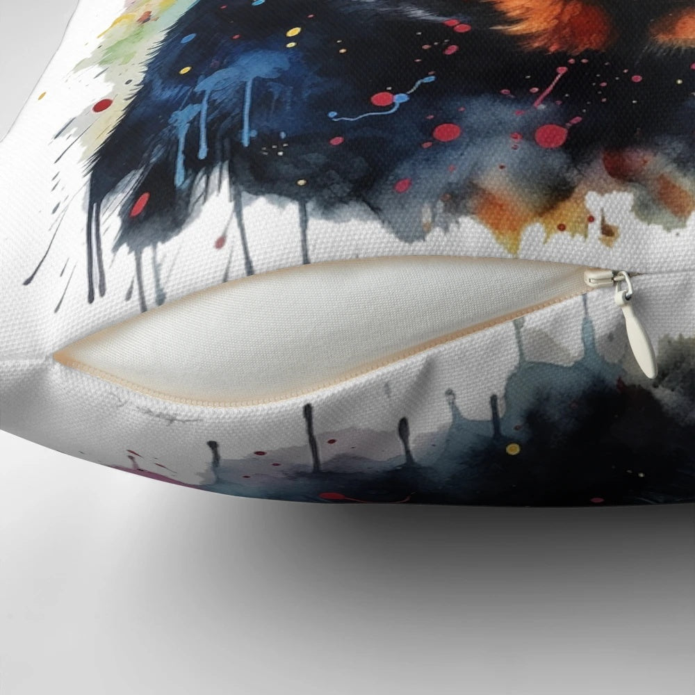 Vibrant watercolor painting of a Rottweiler on a throw pillow