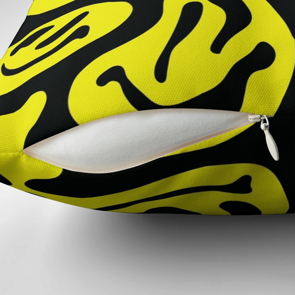 Bright yellow melted smiley face pillow