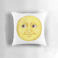 Soft and plush yellow moon face emoji pillow, perfect for home decor and adding a whimsical touch.