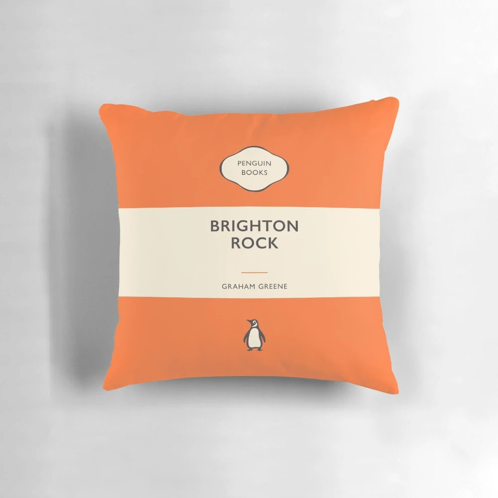 Pillow featuring the iconic book cover art of Graham Greene's "Brighton Rock" from the Penguin Classics collection