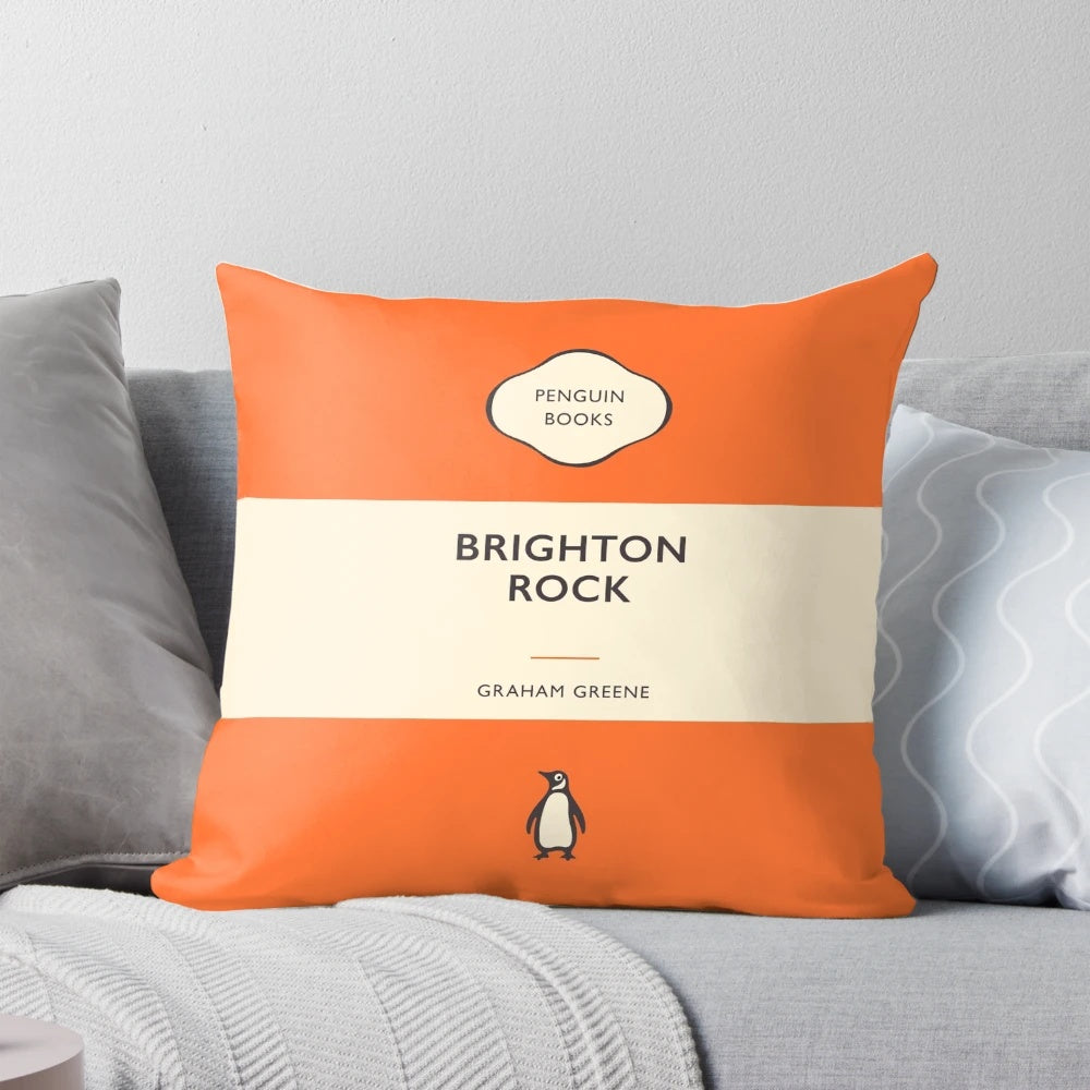 Pillow featuring the iconic book cover art of Graham Greene's "Brighton Rock" from the Penguin Classics collection