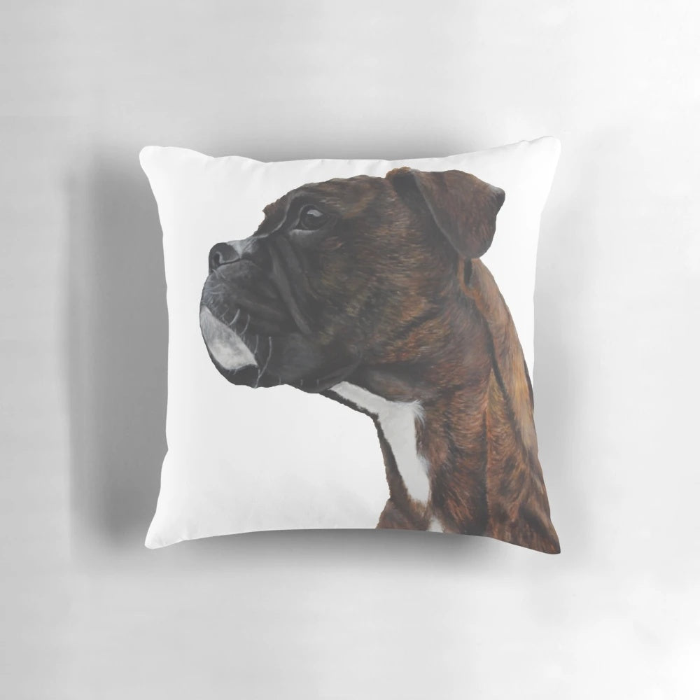 Brindle boxer dog portrait on a decorative throw pillow
